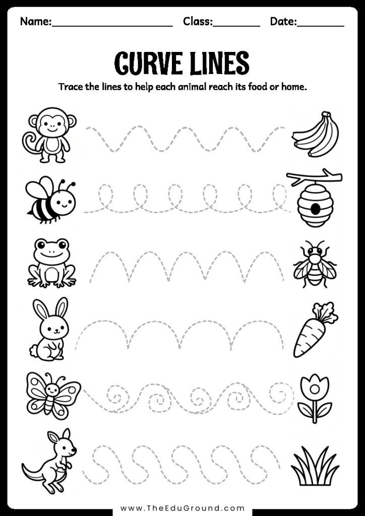Trace the lines to help each animal reach its food or home