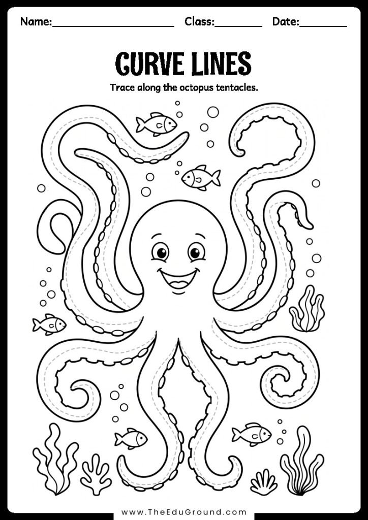 Trace along the octopus tentacles.