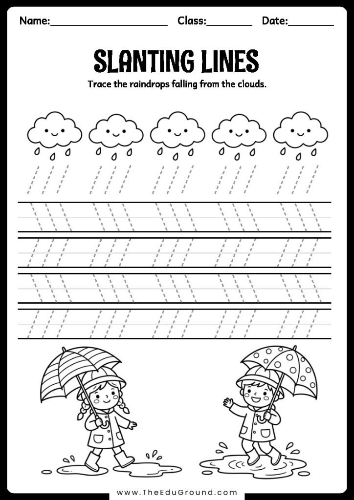 Trace the raindrops falling from the clouds.