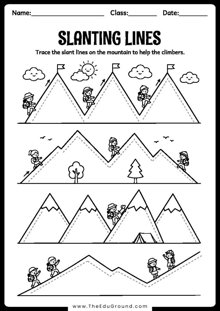 Trace the slant lines on the mountain to help the climbers.