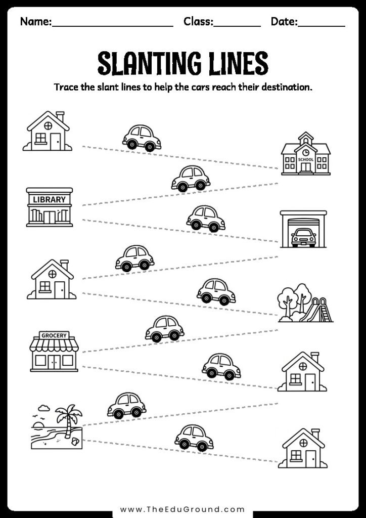 Trace the slant lines to help the cars reach their destination.