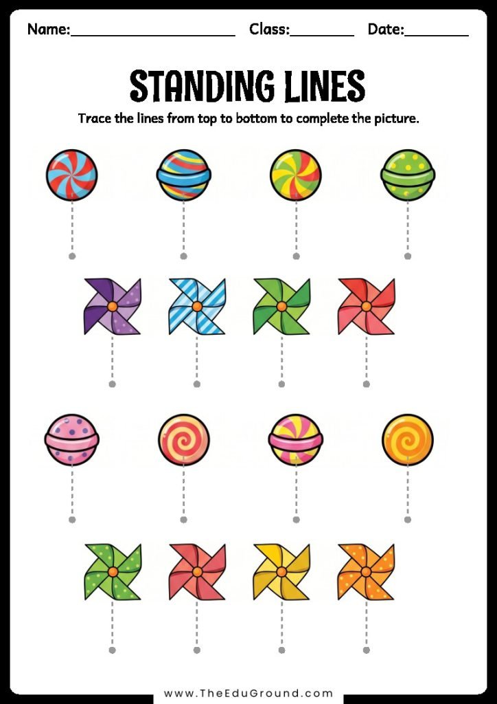 Trace the lines from top to bottom to complete the pictures(Spinning Paper Fan and Swirl Lollipop)