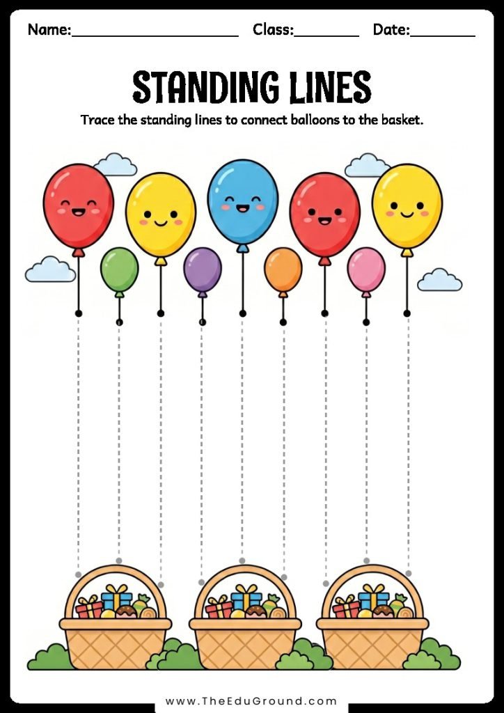 Trace the standing lines to connect balloons to the basket.