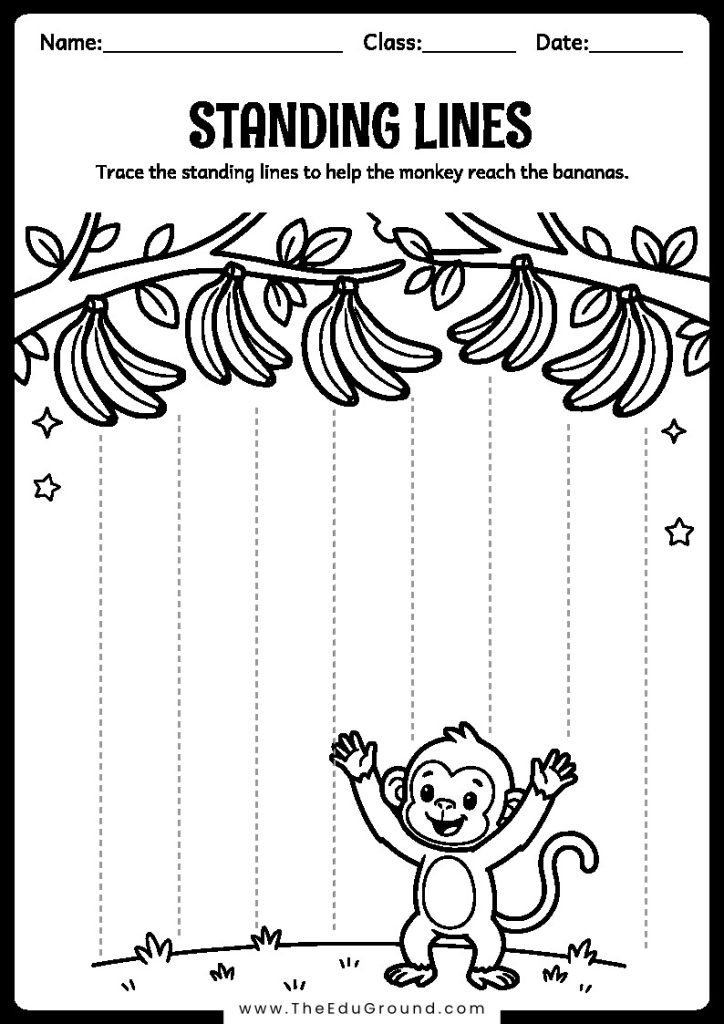 Trace the standing lines to help the monkey reach the bananas